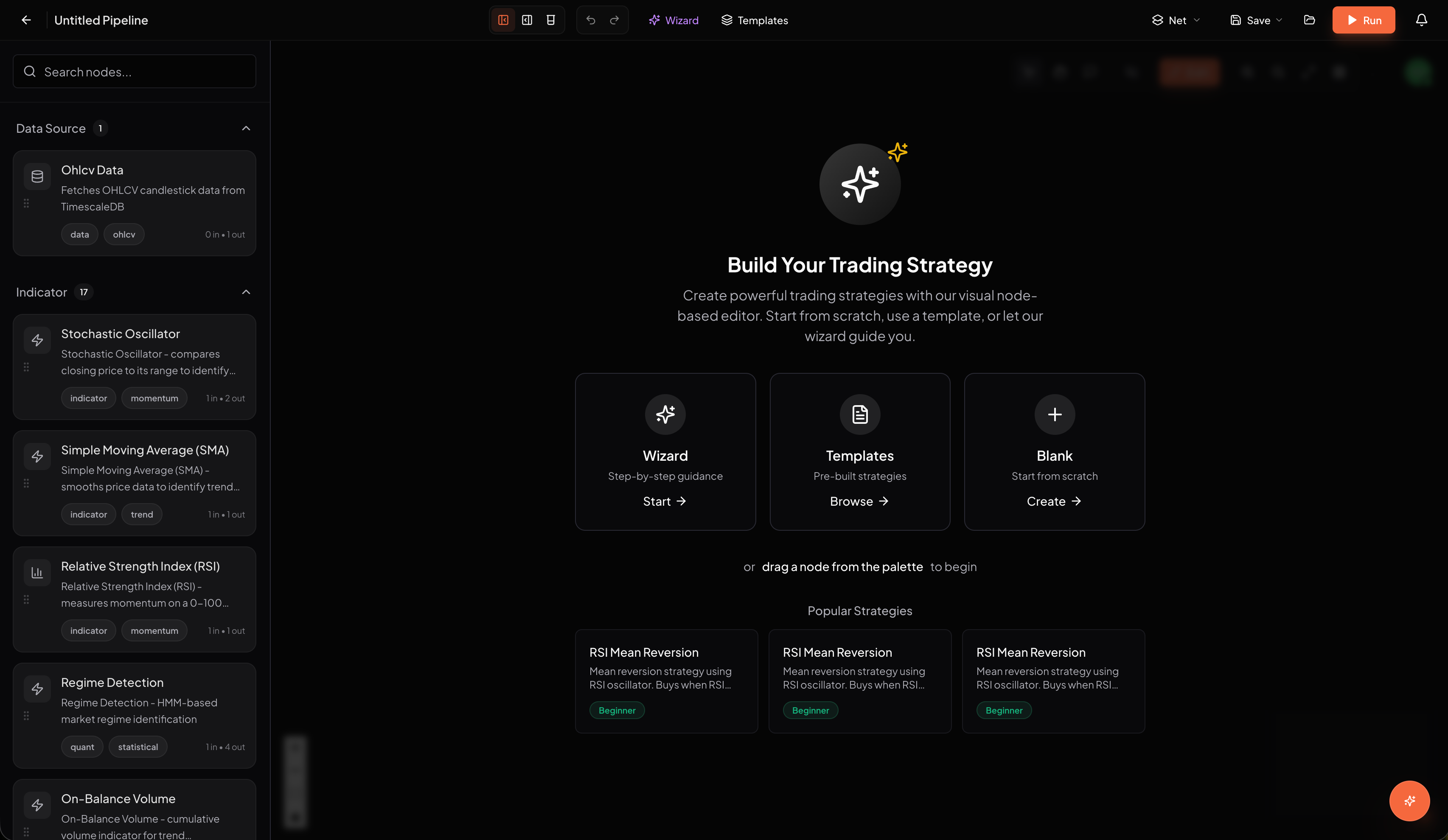 Vantixs strategy builder with nodes, inspector, and workflow canvas